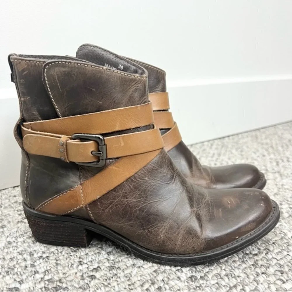 RUDSAK Montreal brown leather distressed buckle moto ankle boots 38